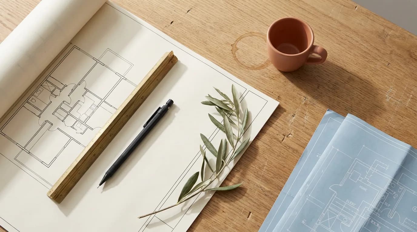 Architect's worktable — drawings, instruments, blueprints
